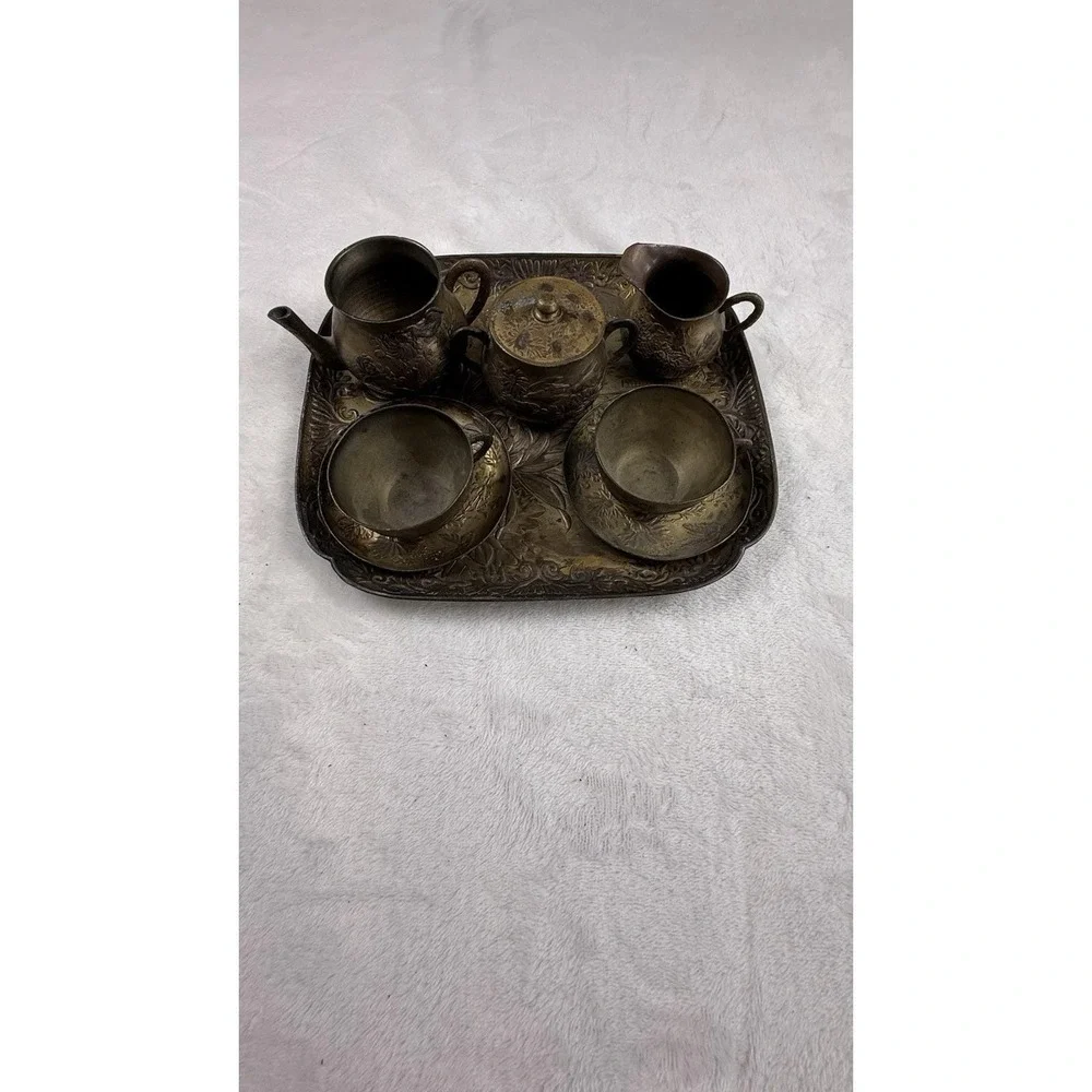 Vintage Japanese Brass Mini Tea Set Tray Teapot Cups Etched Floral Decor